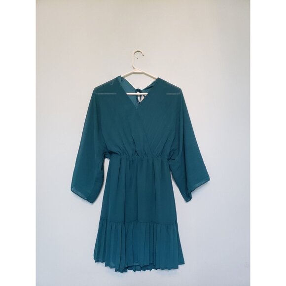 Flying Tomato Dresses & Skirts - Flying Tomato Women XS Mini Dress Teal Blue V Neck Sheer Sleeve Ruffle Tier Boho